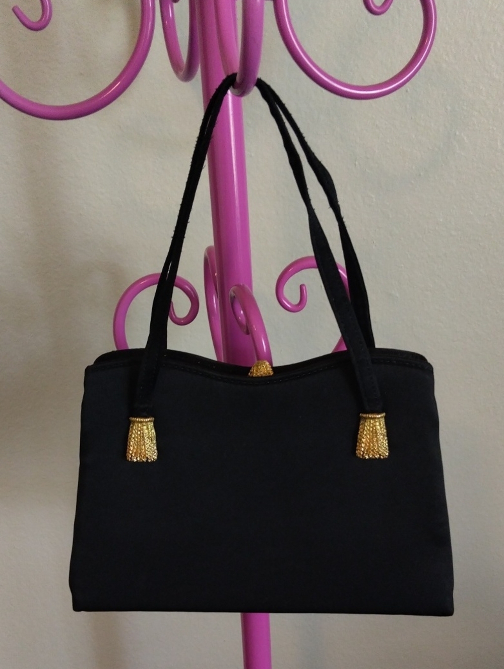 Vintage Black Satin Harry Levine Evening Bag with Gold Tassels And Acorn Closure